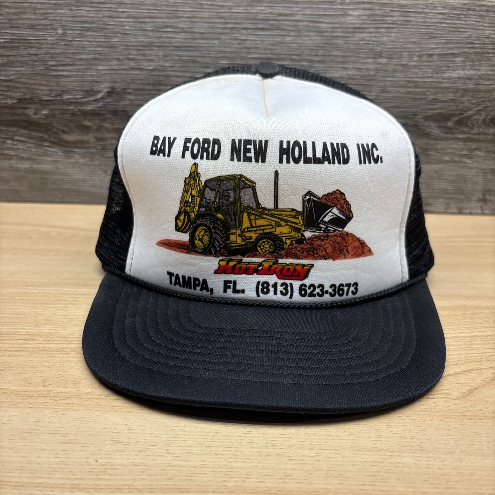 Vintage Bay Ford New Holland Hat Cap Snap Back Black White Trucker Tampa Florida